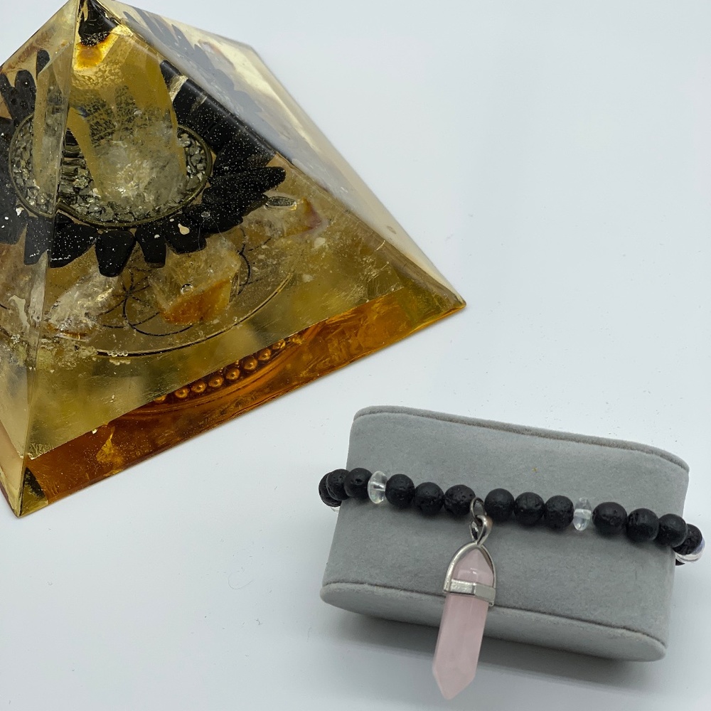 Black Beaded Bracelet with Rose Quartz Drop